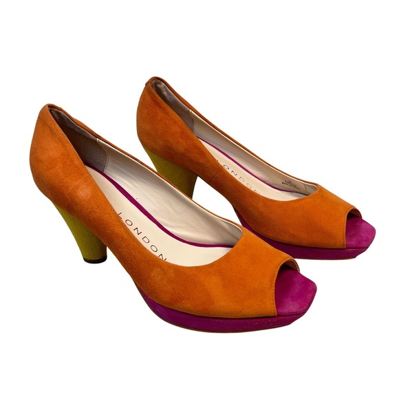 Sacha London Lotus Orange Suede Leather Peep Toe Heel Platform Pumps Women 8 - Picture 1 of 9